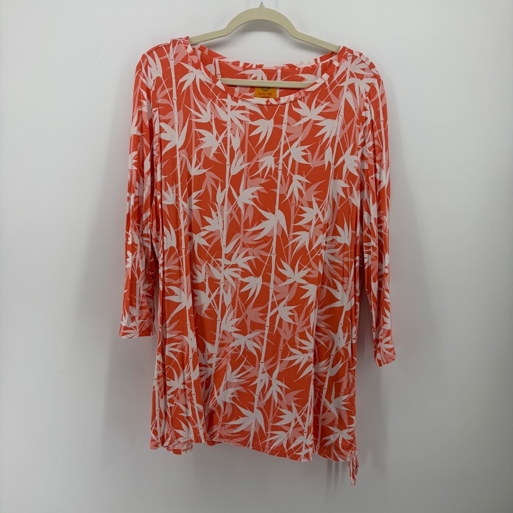 Ruby Rd. Womens 1X Orange Bamboo Print Tunic Top 3/4 Sleeve Side Tie